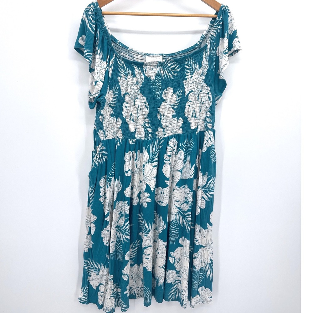 Torrid Smocked Floral Knit Dress Women's 3 Teal White Tropical Print Pockets